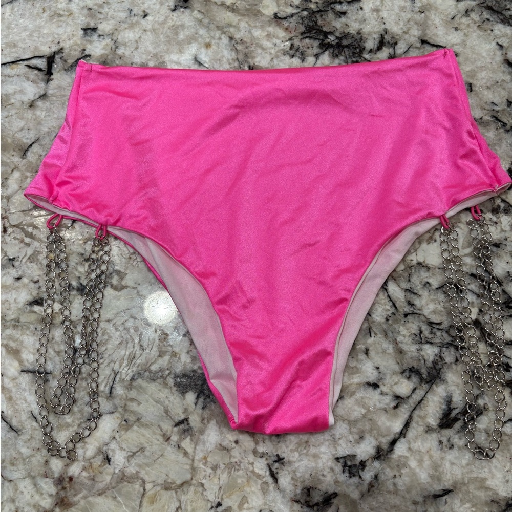 Pink High-Waisted Bikini Bottom with Chain Details